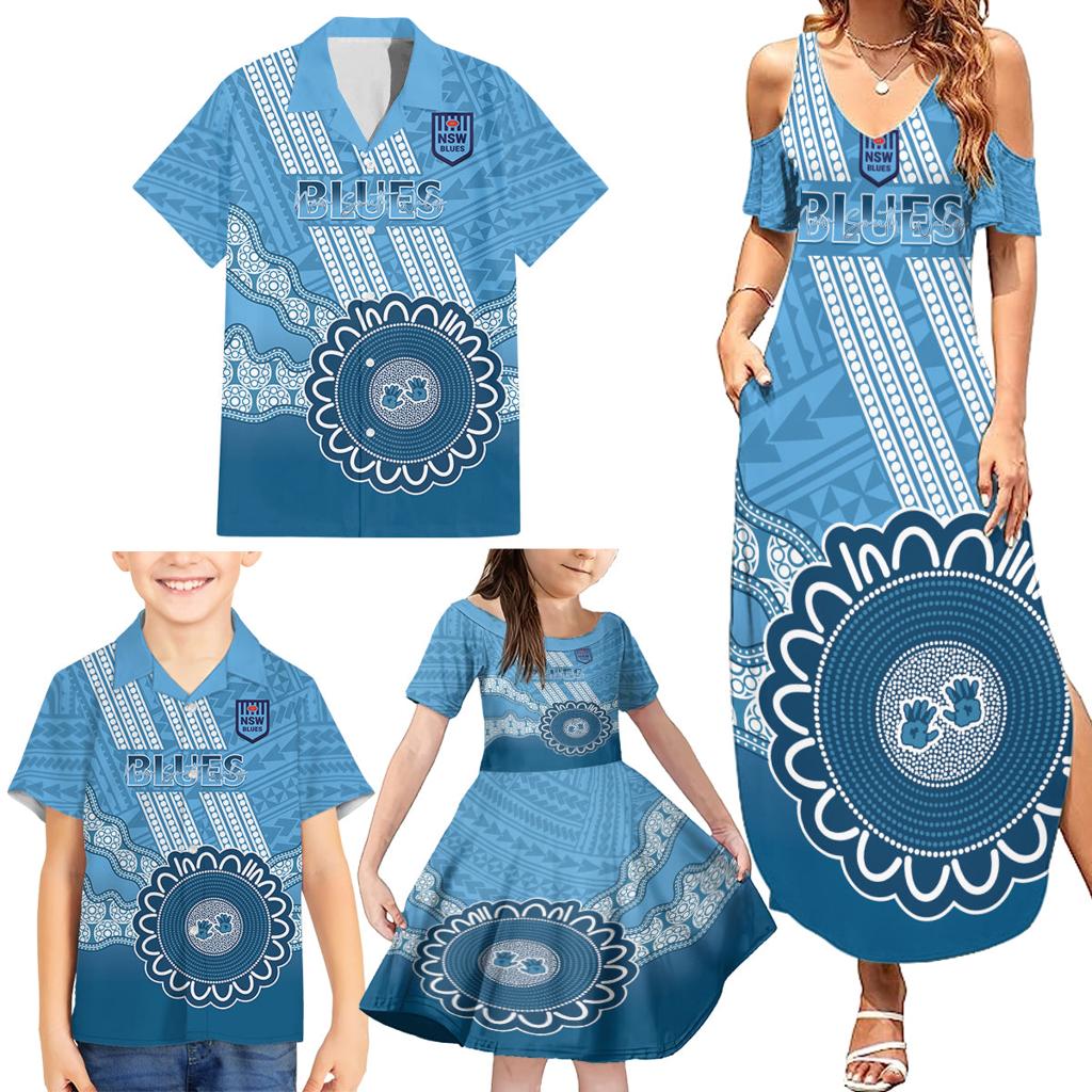 Custom NSW Blues Rugby Family Matching Summer Maxi Dress and Hawaiian Shirt Aussie Aboriginal Mix Polynesian Pattern