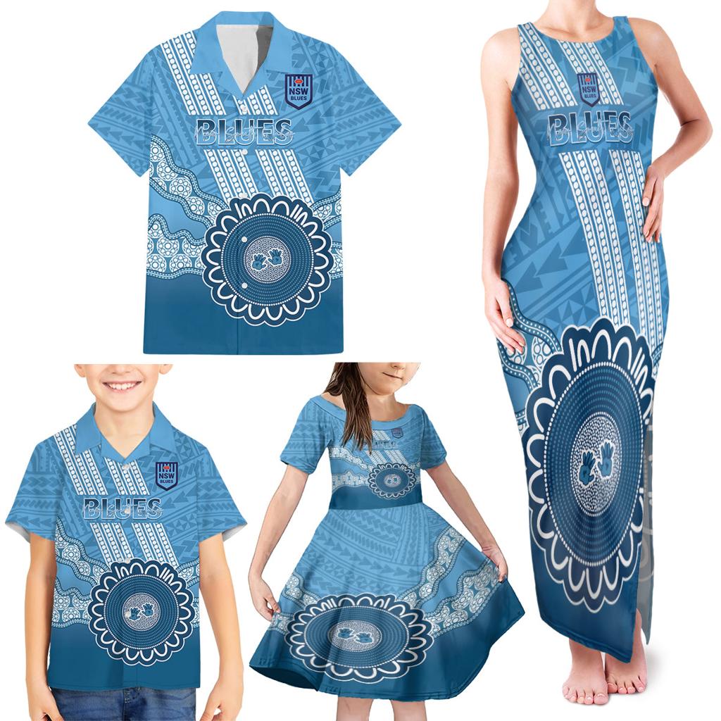 Custom NSW Blues Rugby Family Matching Tank Maxi Dress and Hawaiian Shirt Aussie Aboriginal Mix Polynesian Pattern