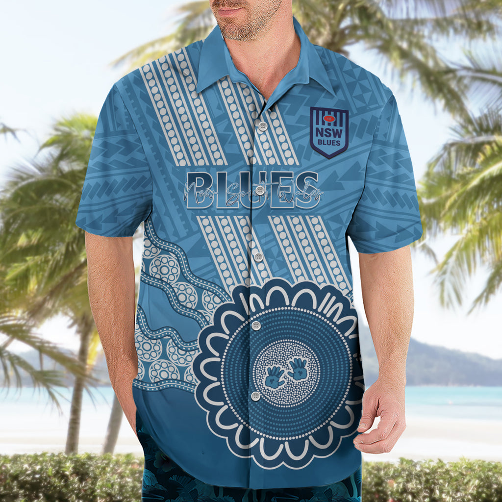 Custom NSW Blues Rugby Hawaiian Shirt Aussie Aboriginal Mix Polynesian Pattern