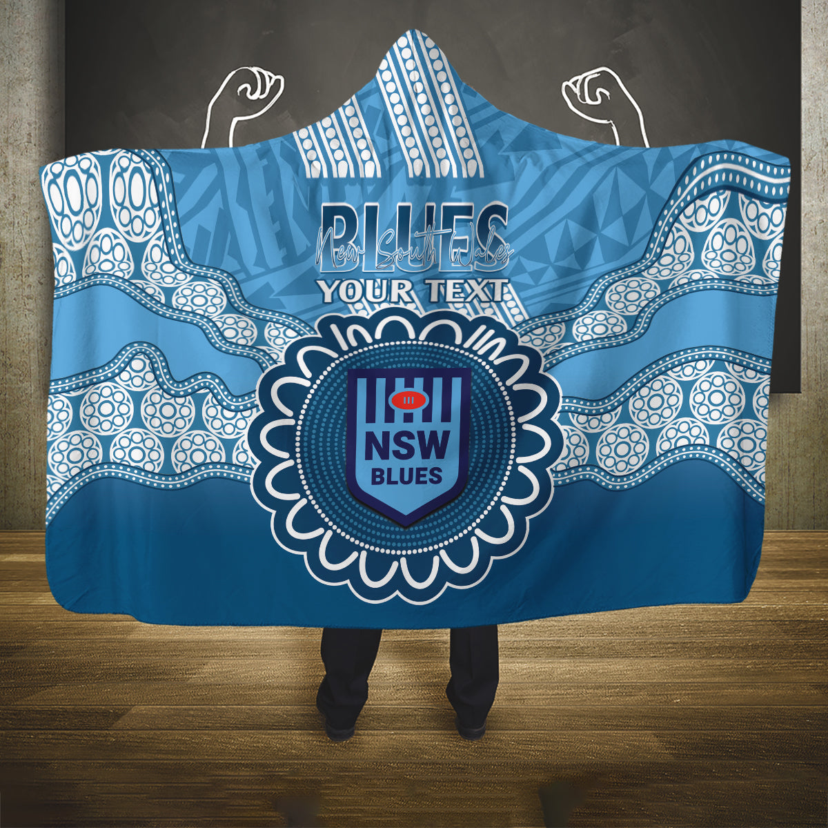 Custom NSW Blues Rugby Hooded Blanket Aussie Aboriginal Mix Polynesian Pattern
