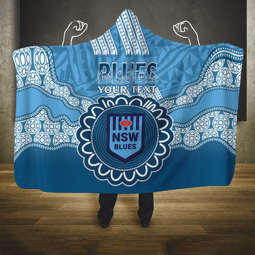 Custom NSW Blues Rugby Hooded Blanket Aussie Aboriginal Mix Polynesian Pattern