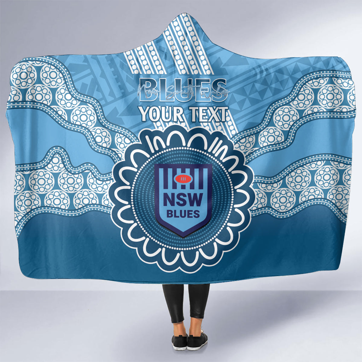 Custom NSW Blues Rugby Hooded Blanket Aussie Aboriginal Mix Polynesian Pattern