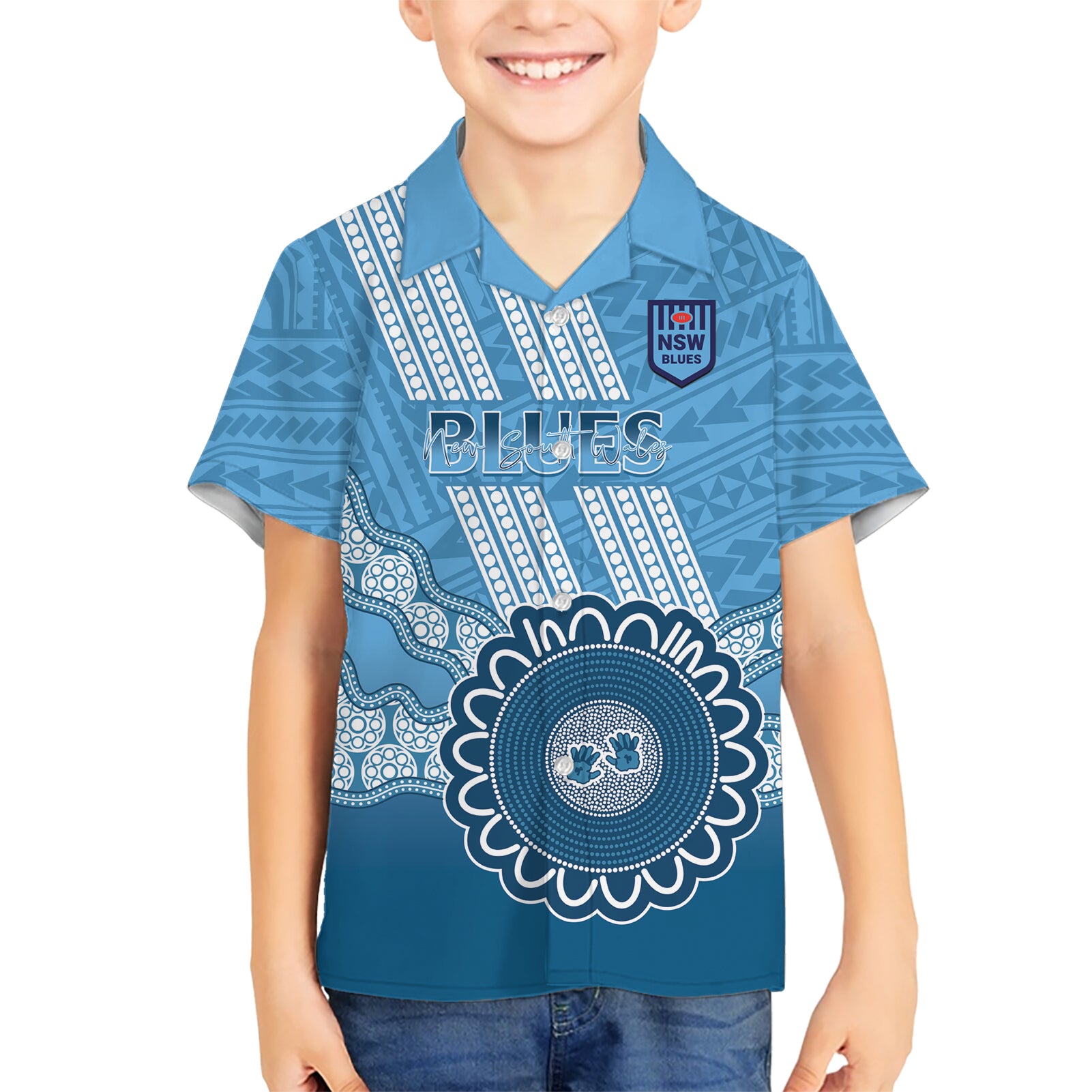 Custom NSW Blues Rugby Kid Hawaiian Shirt Aussie Aboriginal Mix Polynesian Pattern