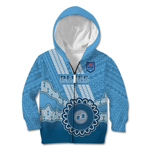 Custom NSW Blues Rugby Kid Hoodie Aussie Aboriginal Mix Polynesian Pattern