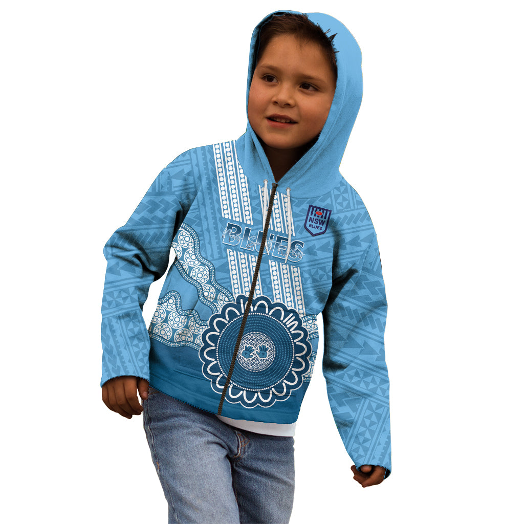 Custom NSW Blues Rugby Kid Hoodie Aussie Aboriginal Mix Polynesian Pattern