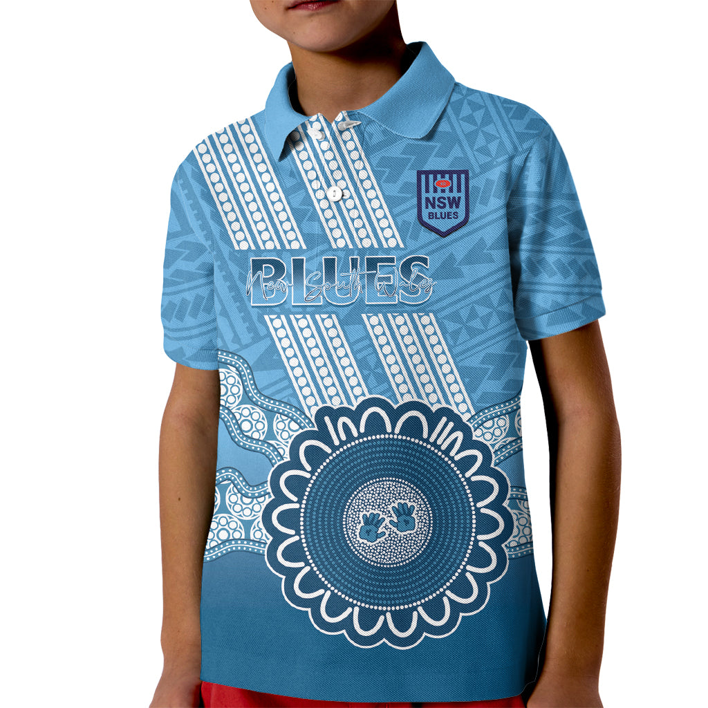 Custom NSW Blues Rugby Kid Polo Shirt Aussie Aboriginal Mix Polynesian Pattern