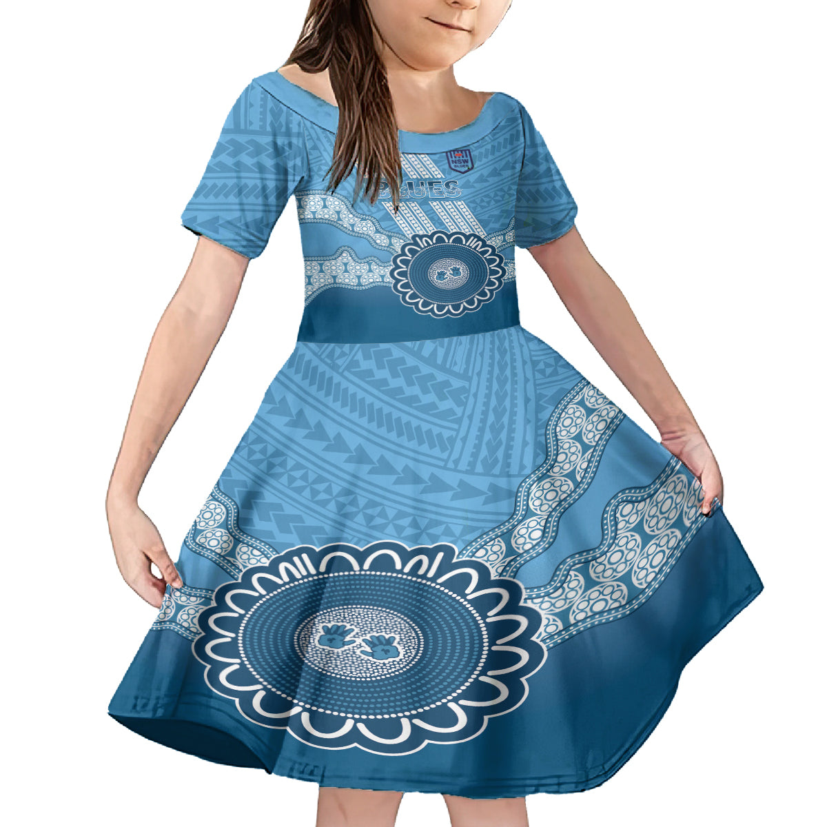 Custom NSW Blues Rugby Kid Short Sleeve Dress Aussie Aboriginal Mix Polynesian Pattern