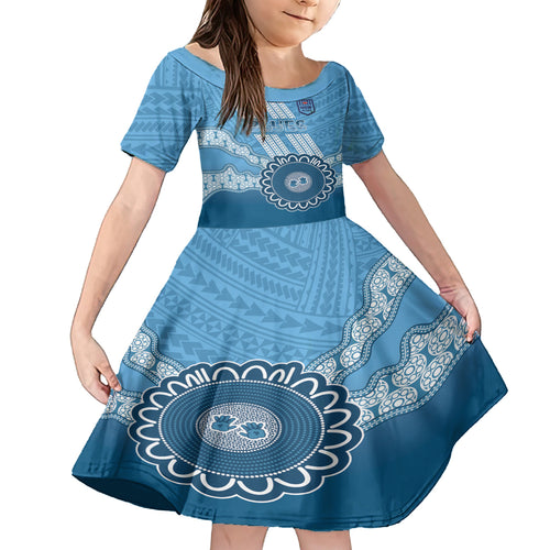 Custom NSW Blues Rugby Kid Short Sleeve Dress Aussie Aboriginal Mix Polynesian Pattern
