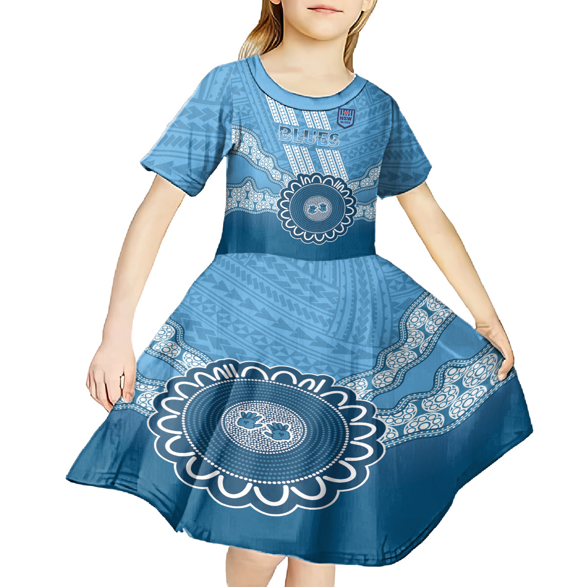 Custom NSW Blues Rugby Kid Short Sleeve Dress Aussie Aboriginal Mix Polynesian Pattern