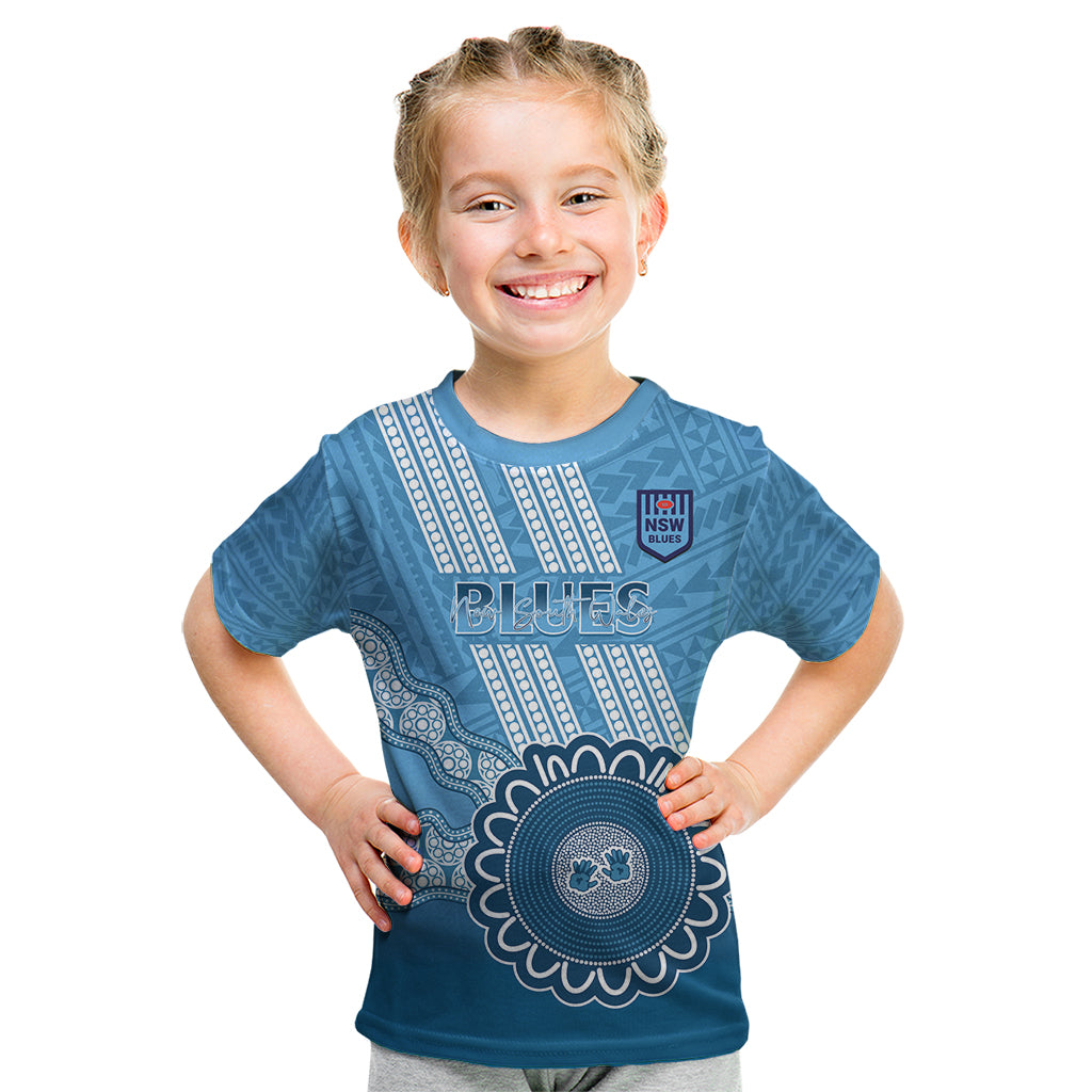Custom NSW Blues Rugby Kid T Shirt Aussie Aboriginal Mix Polynesian Pattern