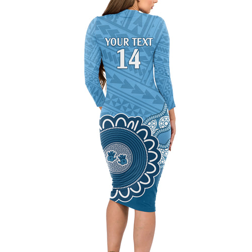 Custom NSW Blues Rugby Long Sleeve Bodycon Dress Aussie Aboriginal Mix Polynesian Pattern
