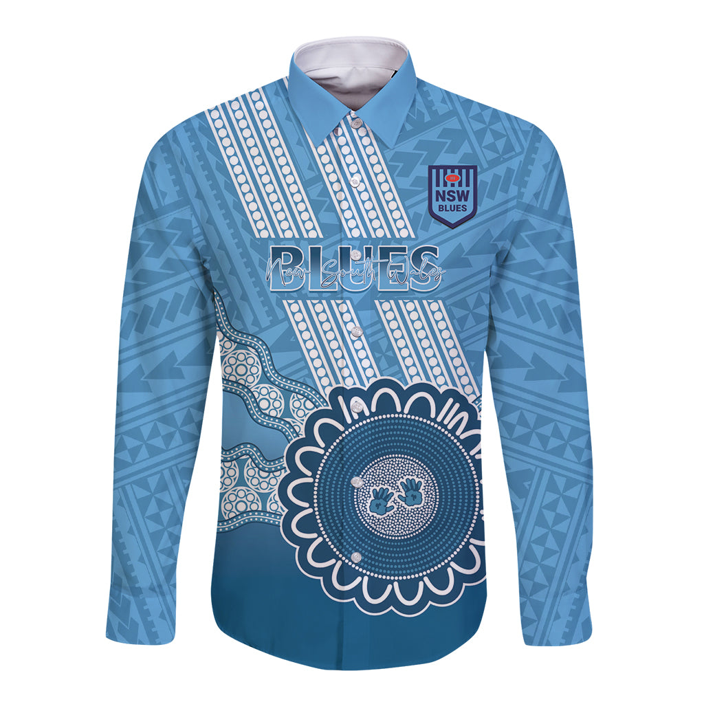 Custom NSW Blues Rugby Long Sleeve Button Shirt Aussie Aboriginal Mix Polynesian Pattern