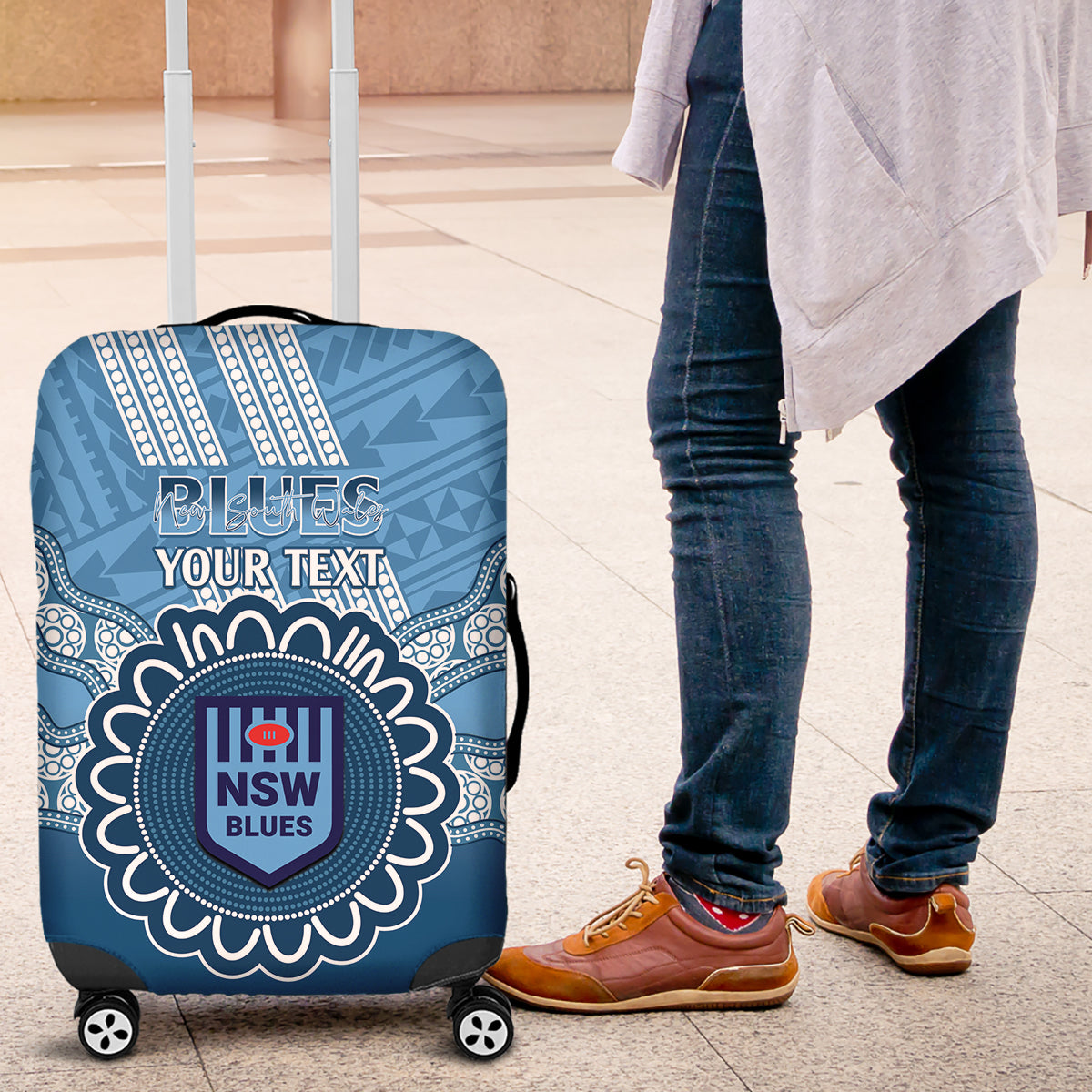 Custom NSW Blues Rugby Luggage Cover Aussie Aboriginal Mix Polynesian Pattern