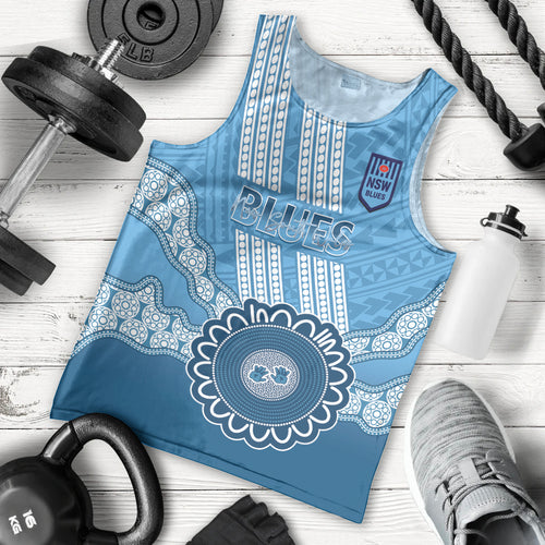 Custom NSW Blues Rugby Men Tank Top Aussie Aboriginal Mix Polynesian Pattern