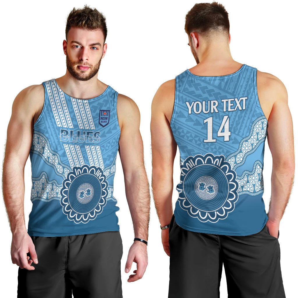 Custom NSW Blues Rugby Men Tank Top Aussie Aboriginal Mix Polynesian Pattern