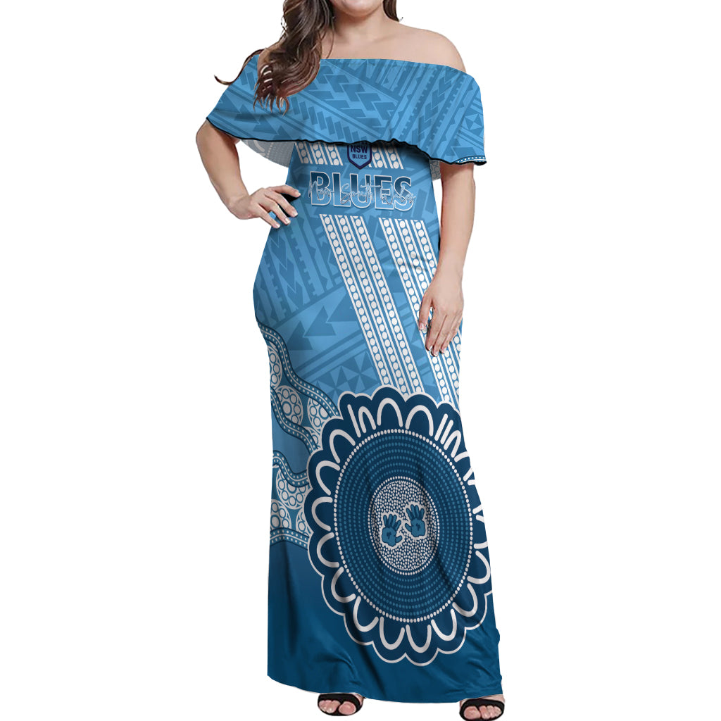 Custom NSW Blues Rugby Off Shoulder Maxi Dress Aussie Aboriginal Mix Polynesian Pattern