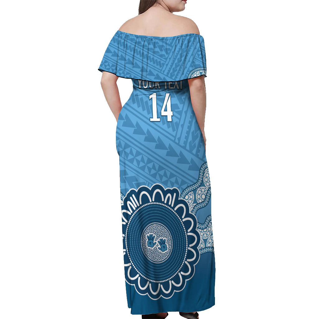 Custom NSW Blues Rugby Off Shoulder Maxi Dress Aussie Aboriginal Mix Polynesian Pattern