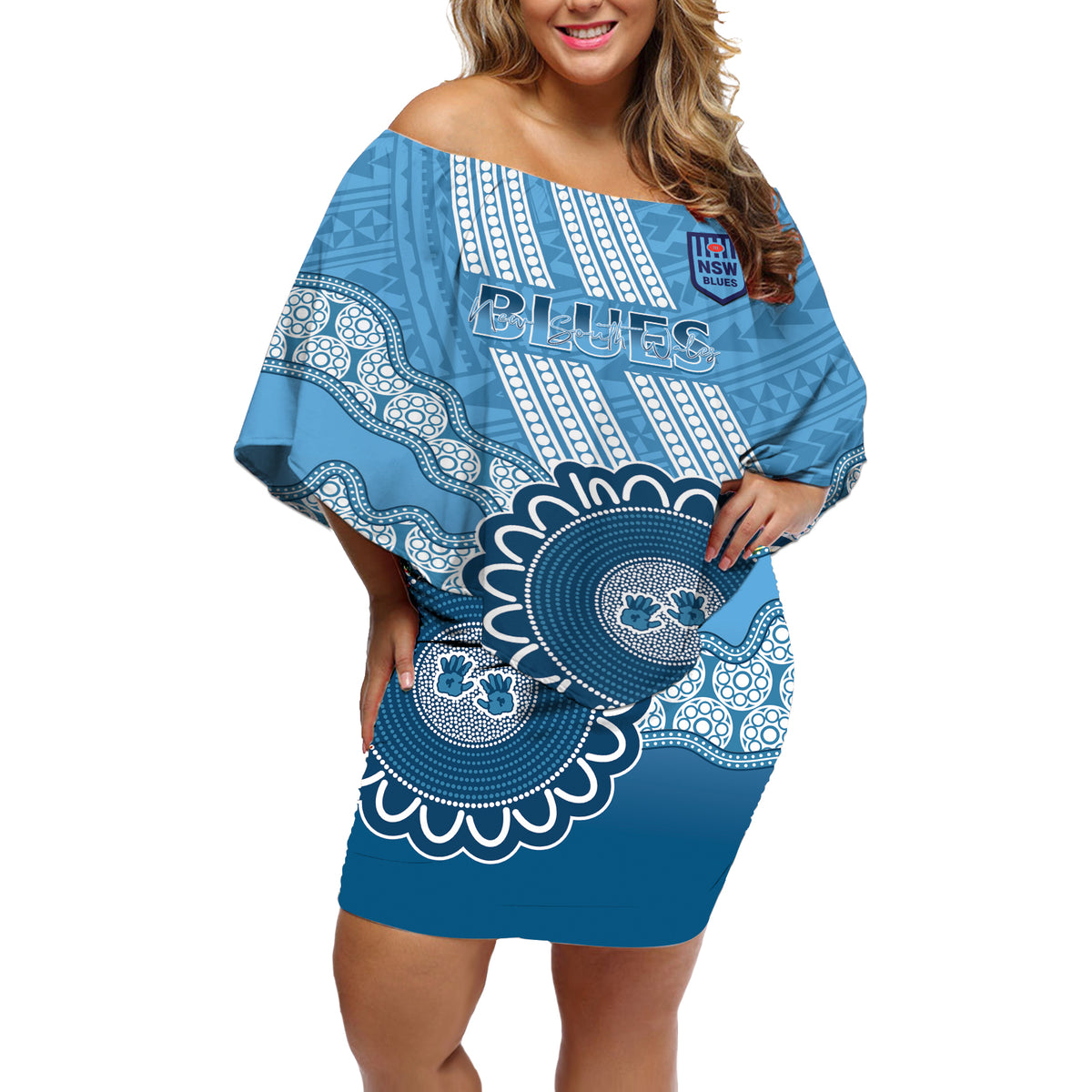Custom NSW Blues Rugby Off Shoulder Short Dress Aussie Aboriginal Mix Polynesian Pattern