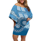 Custom NSW Blues Rugby Off Shoulder Short Dress Aussie Aboriginal Mix Polynesian Pattern