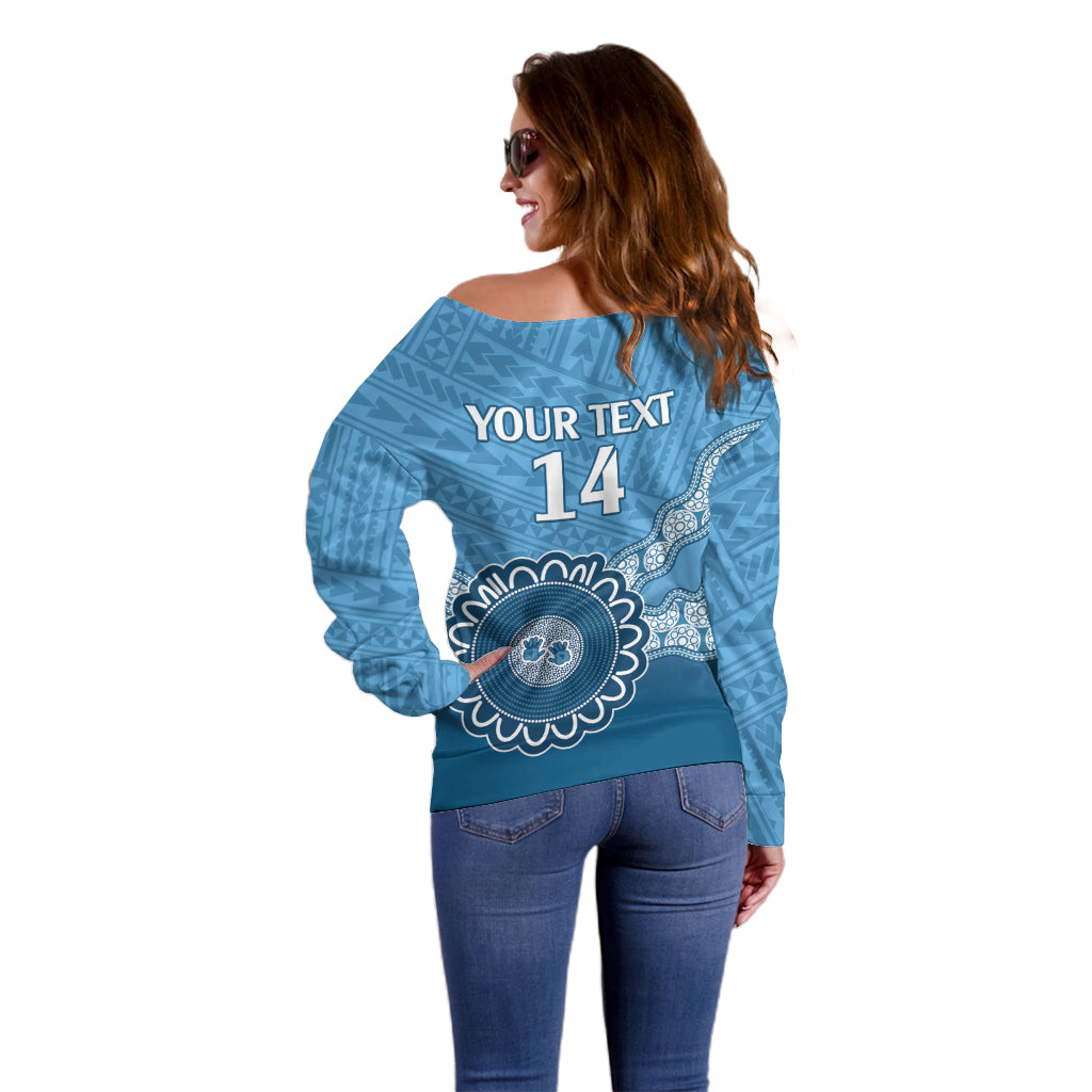 Custom NSW Blues Rugby Off Shoulder Sweater Aussie Aboriginal Mix Polynesian Pattern
