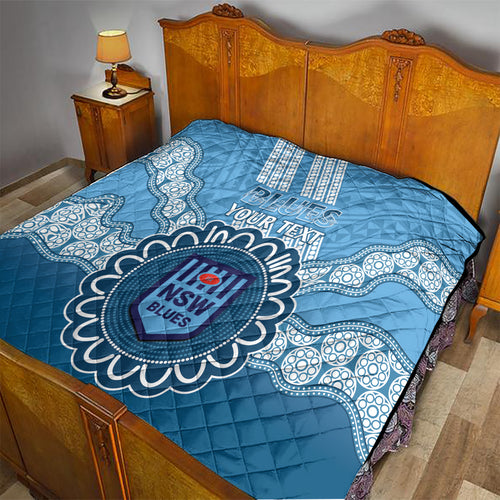 Custom NSW Blues Rugby Quilt Aussie Aboriginal Mix Polynesian Pattern