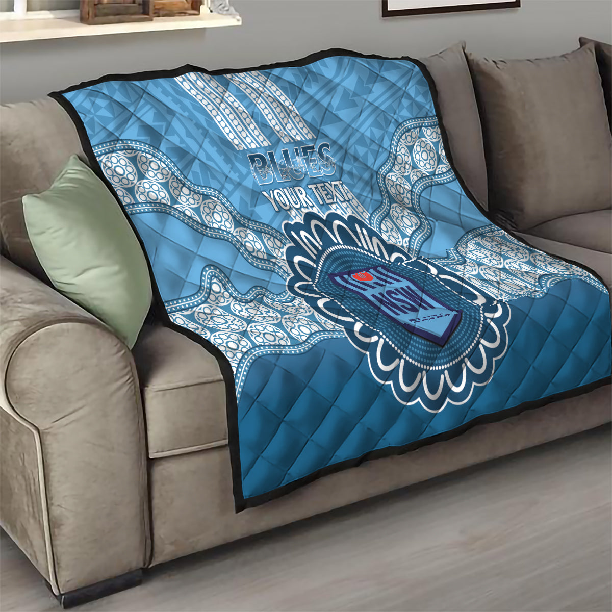 Custom NSW Blues Rugby Quilt Aussie Aboriginal Mix Polynesian Pattern