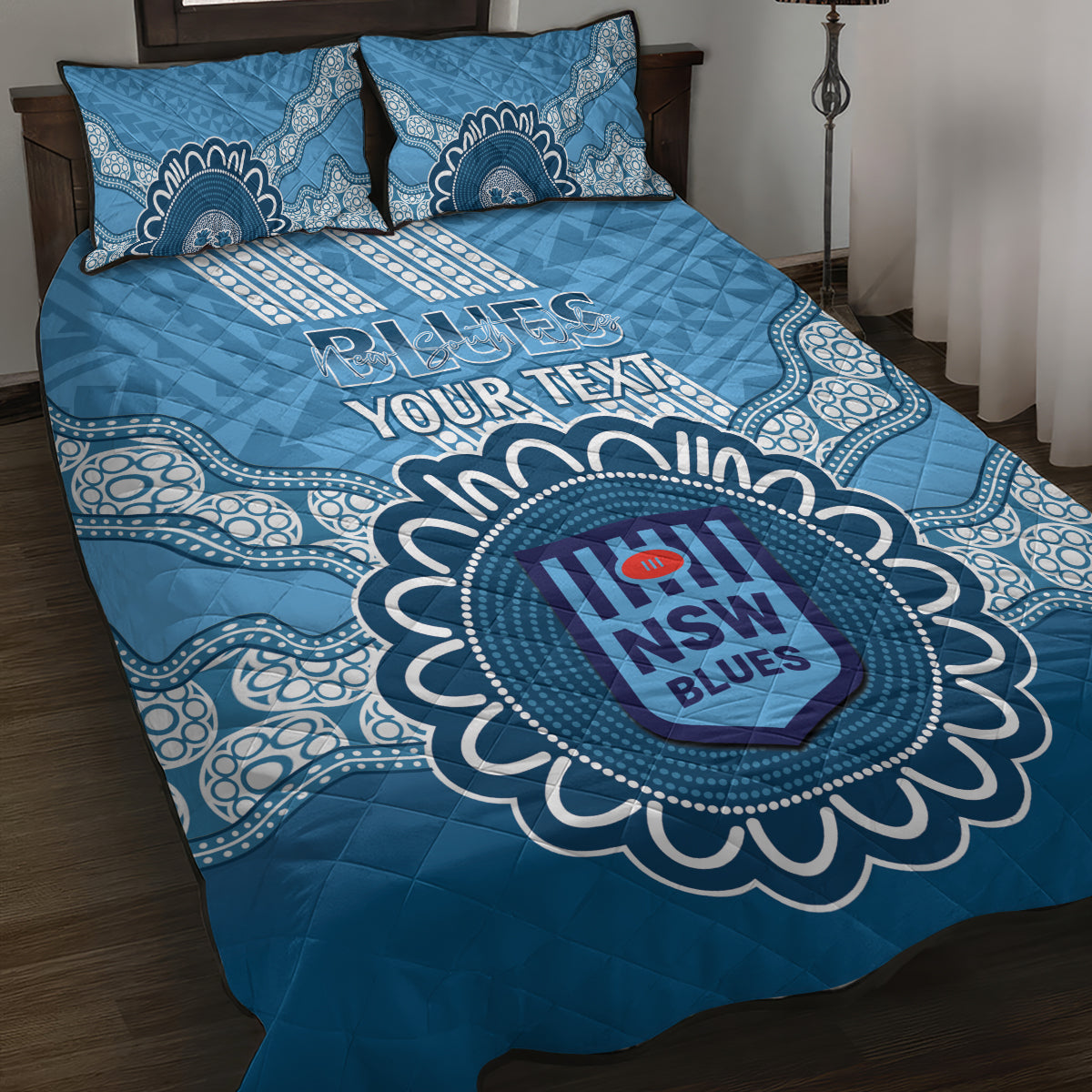 Custom NSW Blues Rugby Quilt Bed Set Aussie Aboriginal Mix Polynesian Pattern