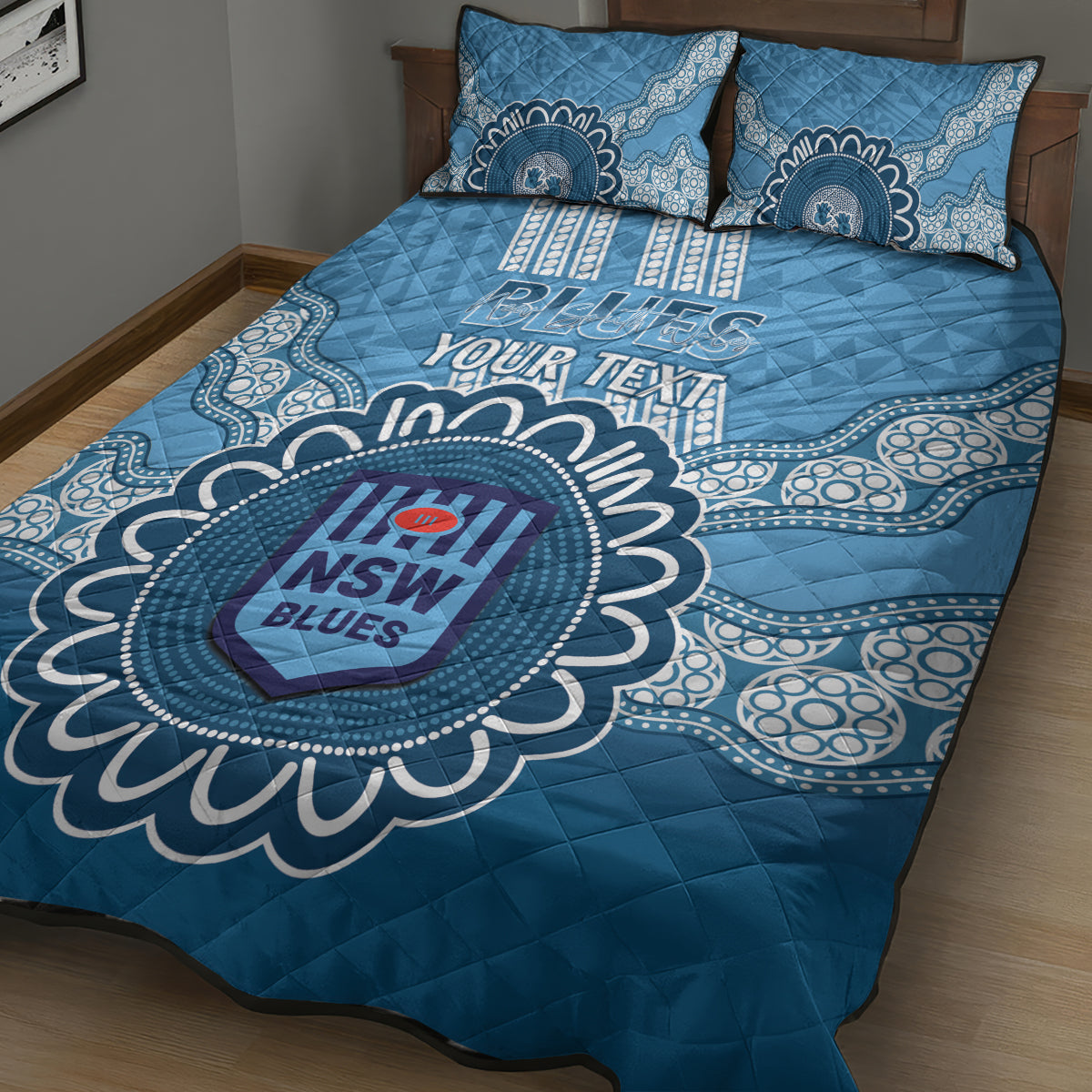 Custom NSW Blues Rugby Quilt Bed Set Aussie Aboriginal Mix Polynesian Pattern