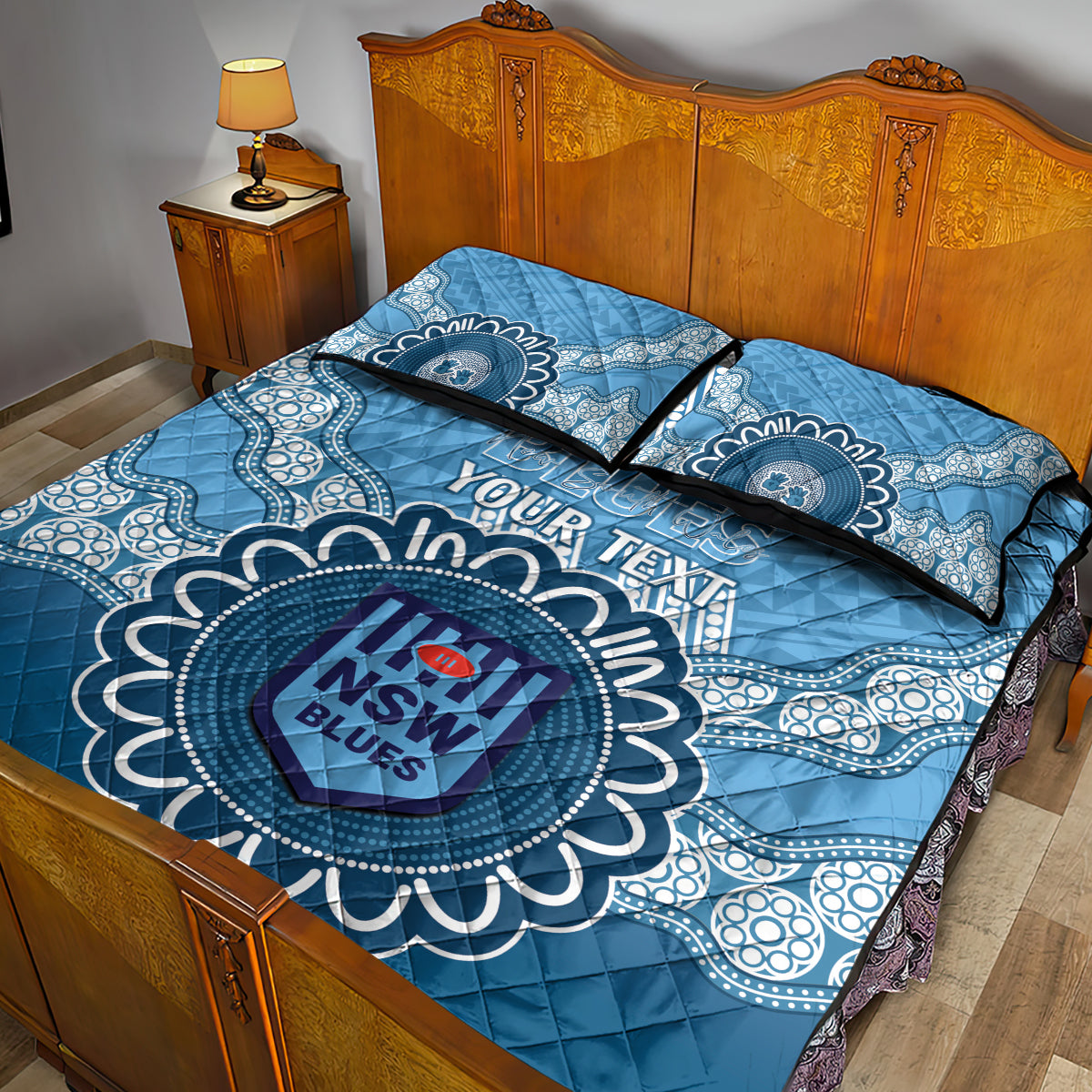 Custom NSW Blues Rugby Quilt Bed Set Aussie Aboriginal Mix Polynesian Pattern