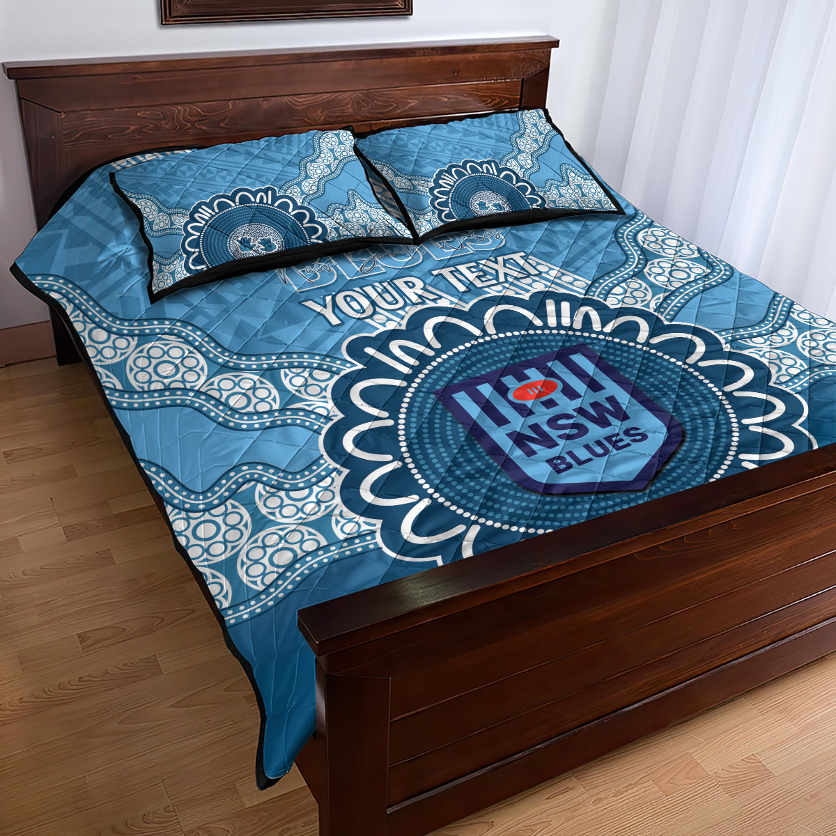 Custom NSW Blues Rugby Quilt Bed Set Aussie Aboriginal Mix Polynesian Pattern