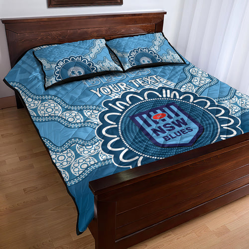 Custom NSW Blues Rugby Quilt Bed Set Aussie Aboriginal Mix Polynesian Pattern