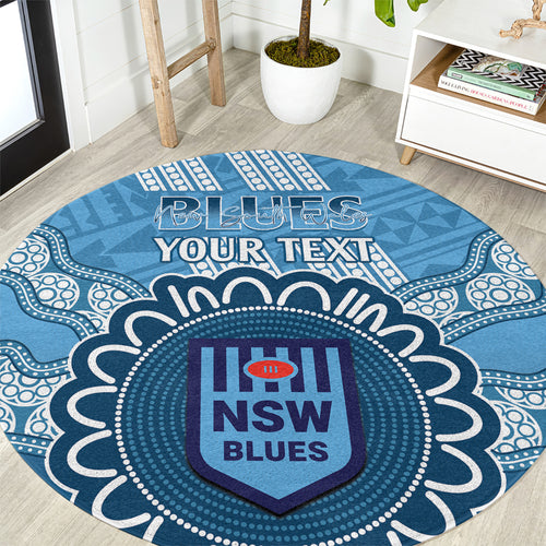 Custom NSW Blues Rugby Round Carpet Aussie Aboriginal Mix Polynesian Pattern