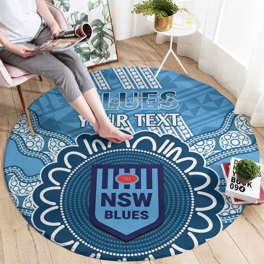 Custom NSW Blues Rugby Round Carpet Aussie Aboriginal Mix Polynesian Pattern