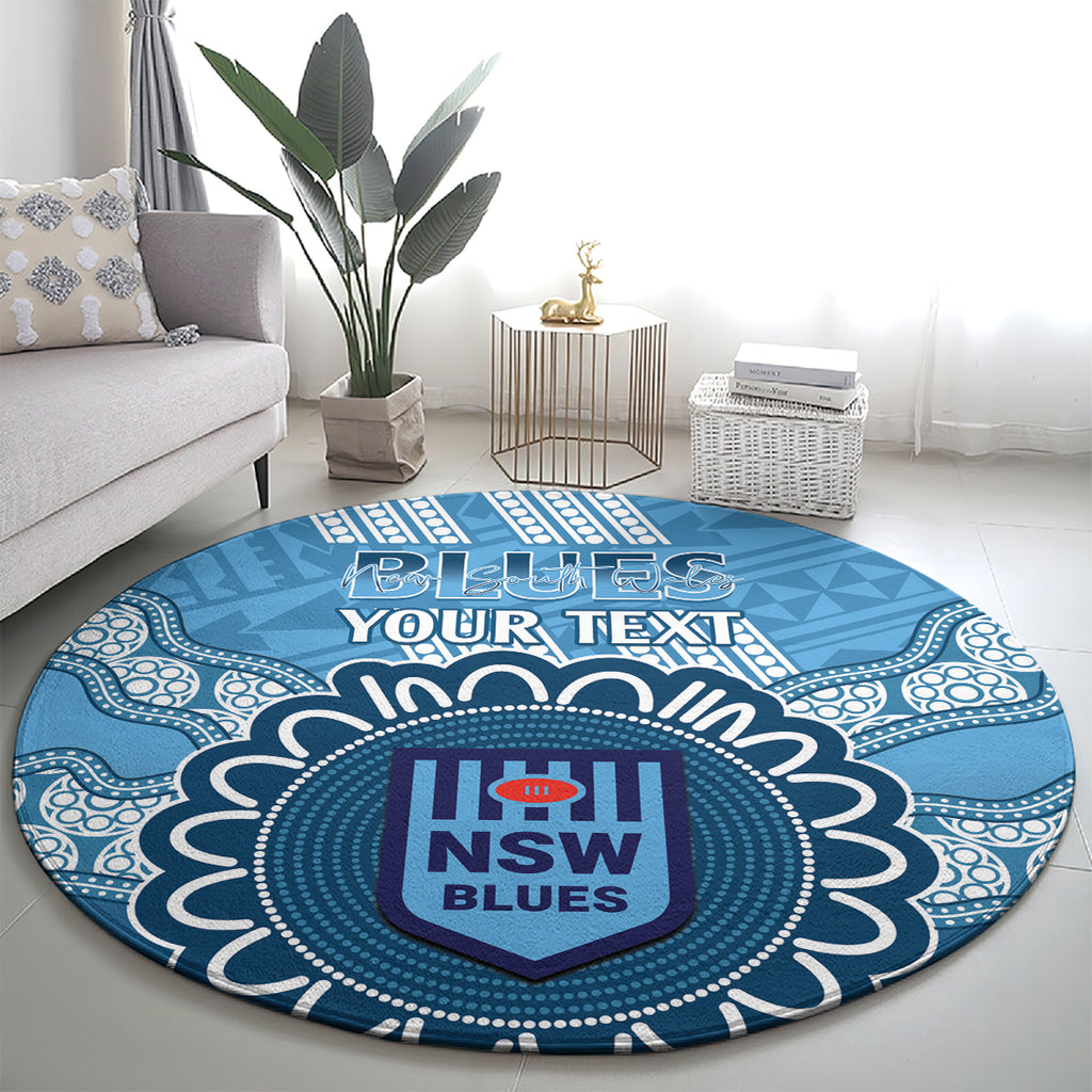 Custom NSW Blues Rugby Round Carpet Aussie Aboriginal Mix Polynesian Pattern