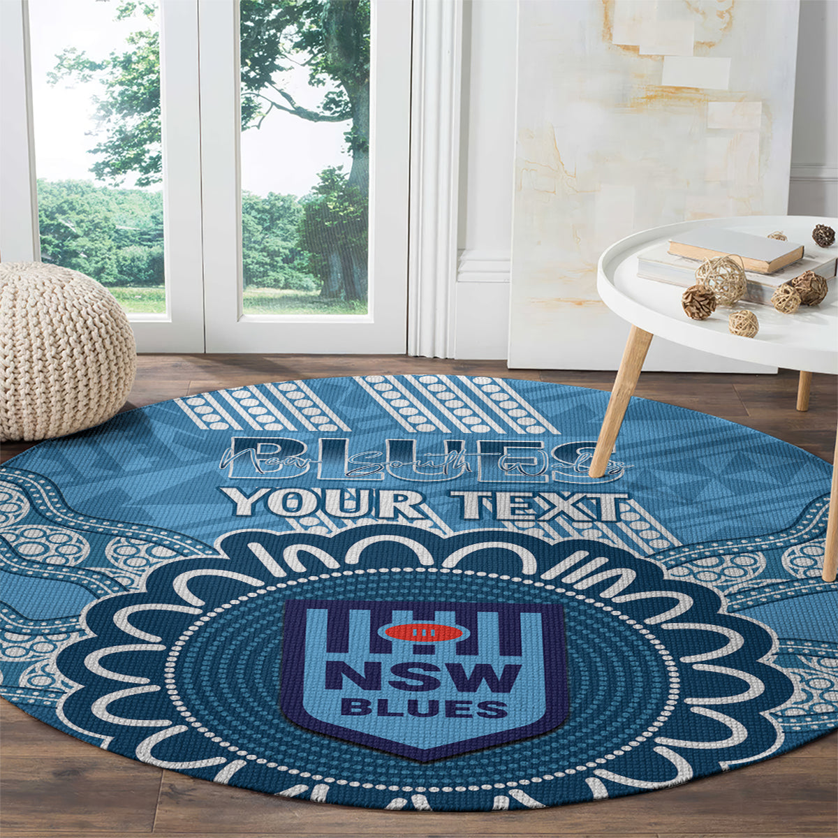 Custom NSW Blues Rugby Round Carpet Aussie Aboriginal Mix Polynesian Pattern