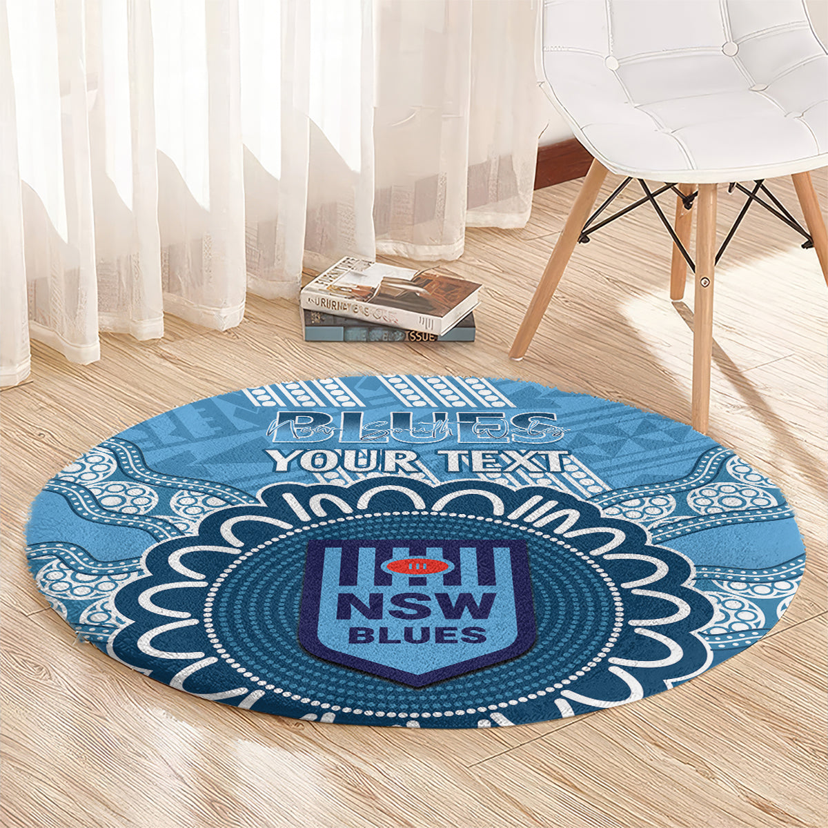 Custom NSW Blues Rugby Round Carpet Aussie Aboriginal Mix Polynesian Pattern