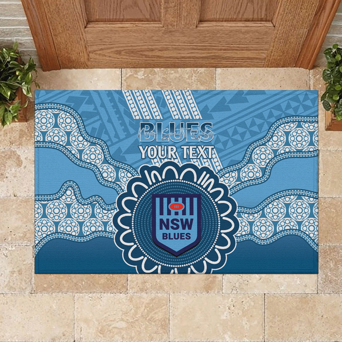 Custom NSW Blues Rugby Rubber Doormat Aussie Aboriginal Mix Polynesian Pattern