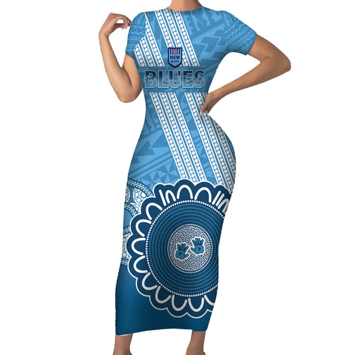 Custom NSW Blues Rugby Short Sleeve Bodycon Dress Aussie Aboriginal Mix Polynesian Pattern