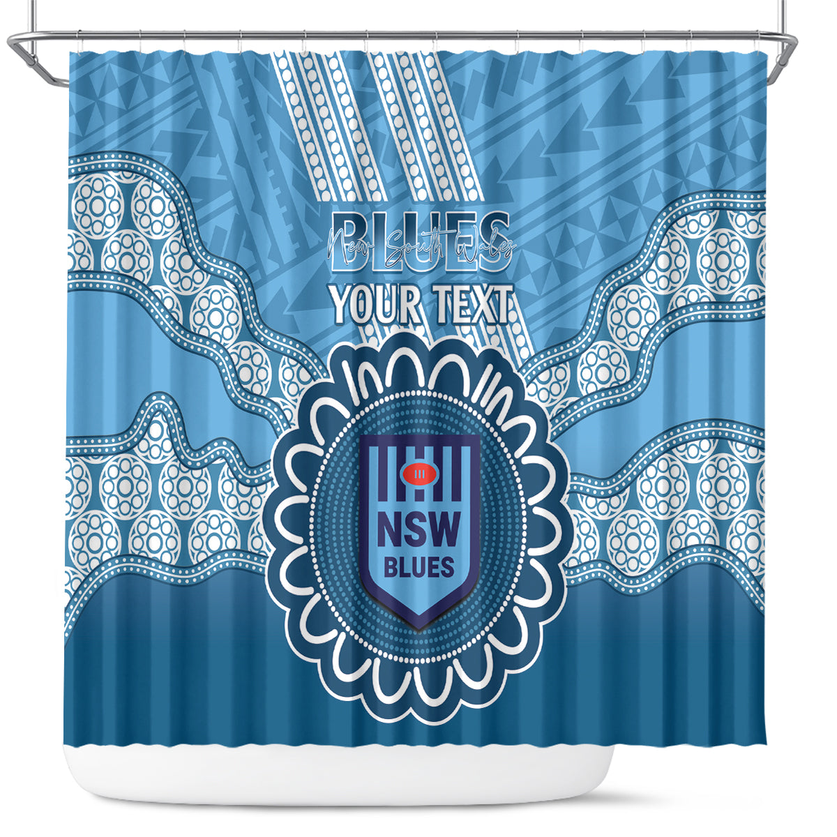 Custom NSW Blues Rugby Shower Curtain Aussie Aboriginal Mix Polynesian Pattern