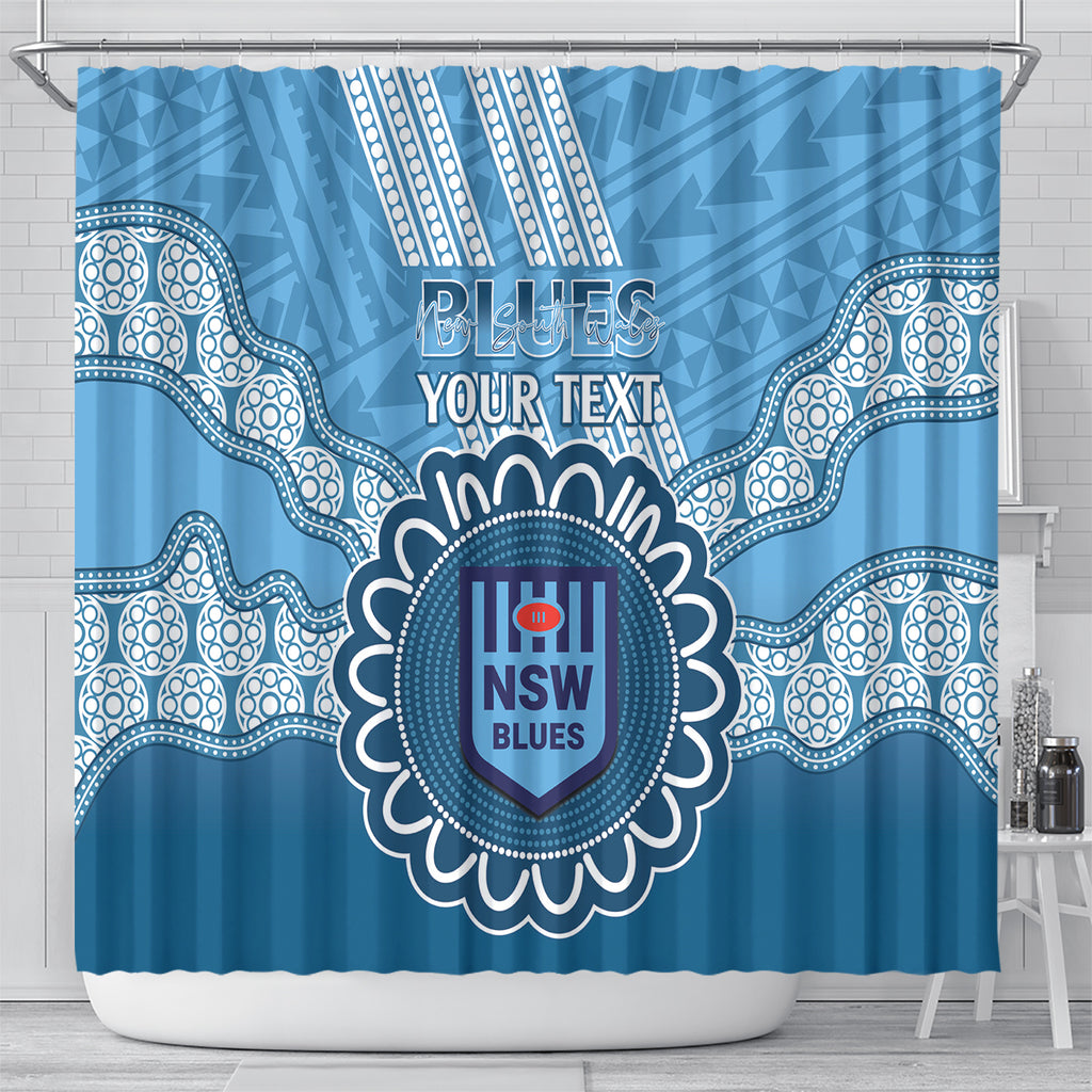 Custom NSW Blues Rugby Shower Curtain Aussie Aboriginal Mix Polynesian Pattern