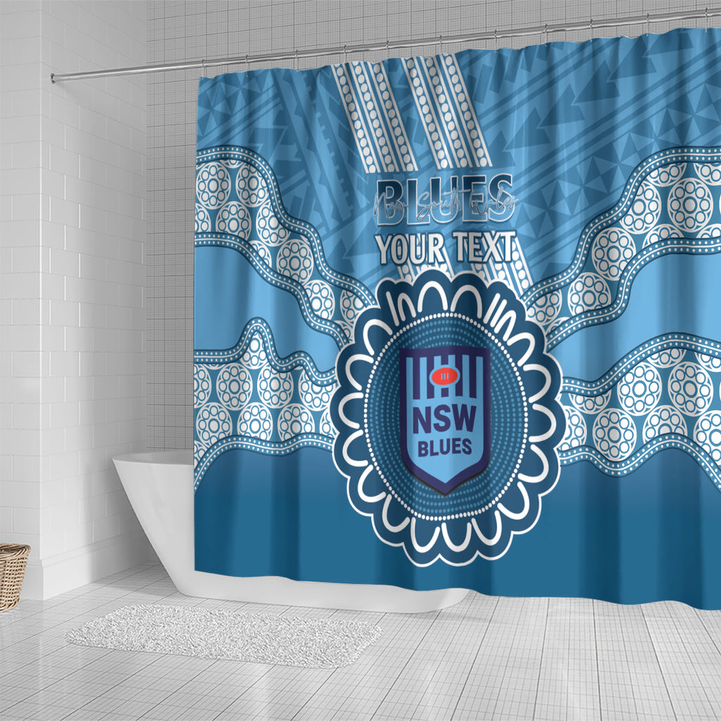 Custom NSW Blues Rugby Shower Curtain Aussie Aboriginal Mix Polynesian Pattern