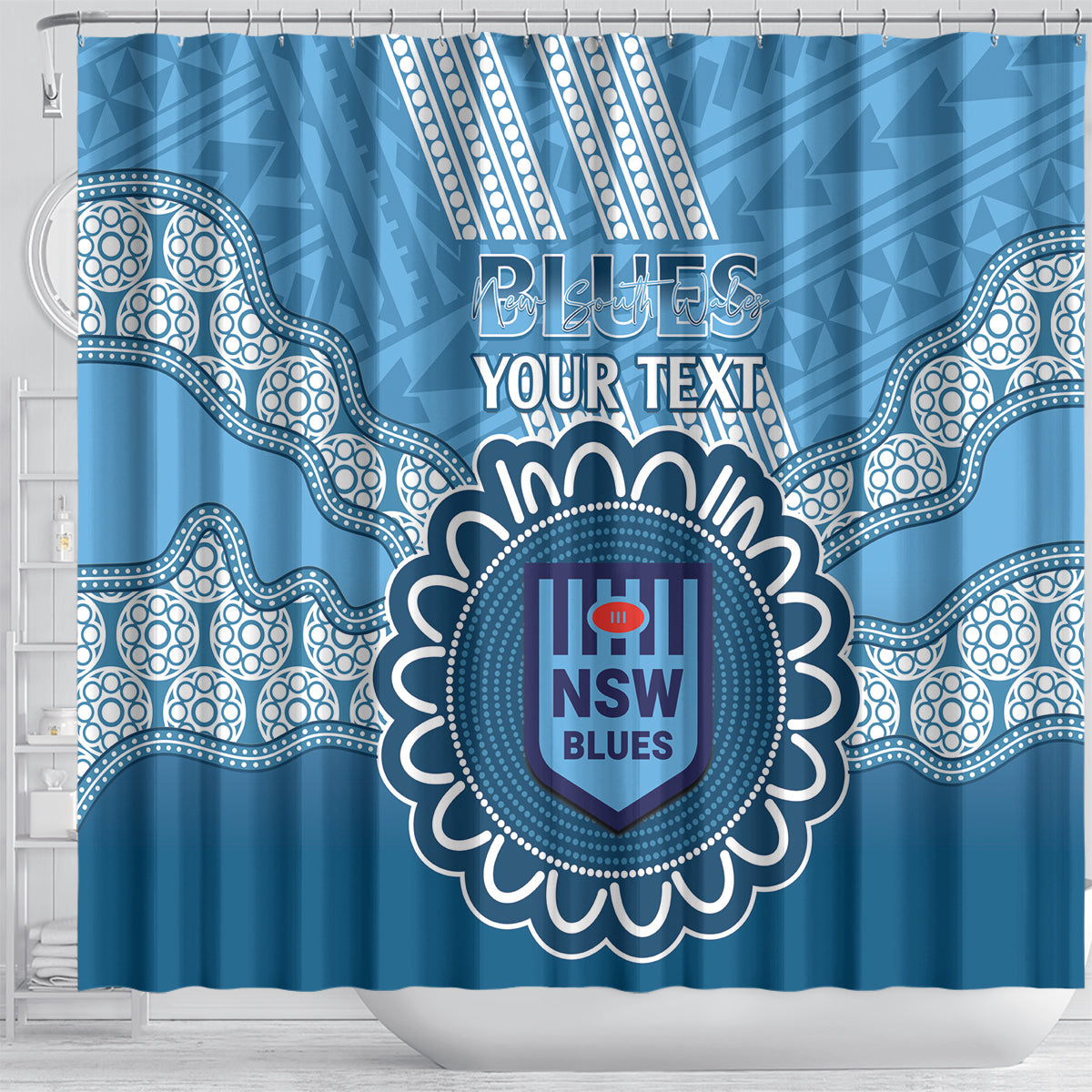Custom NSW Blues Rugby Shower Curtain Aussie Aboriginal Mix Polynesian Pattern