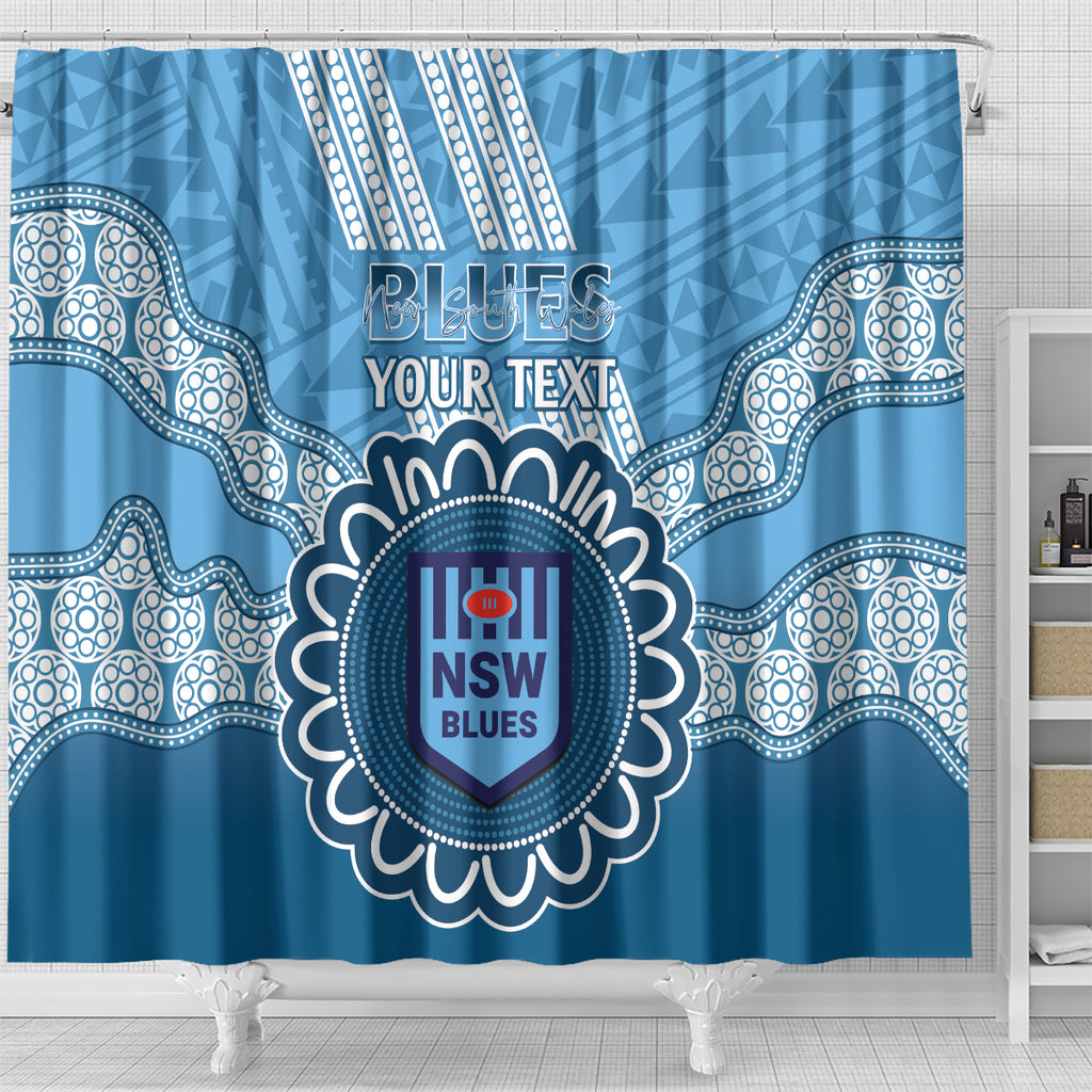 Custom NSW Blues Rugby Shower Curtain Aussie Aboriginal Mix Polynesian Pattern