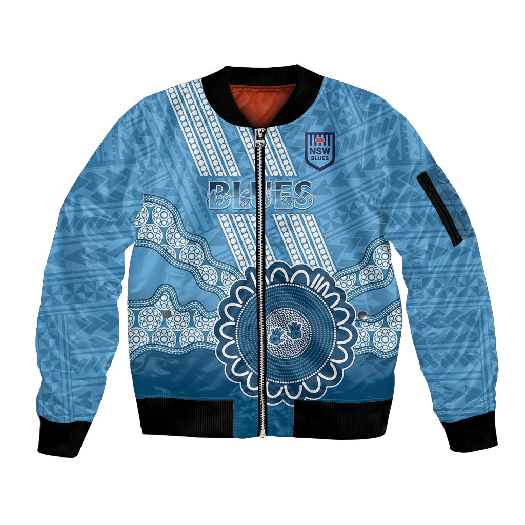 Custom NSW Blues Rugby Sleeve Zip Bomber Jacket Aussie Aboriginal Mix Polynesian Pattern