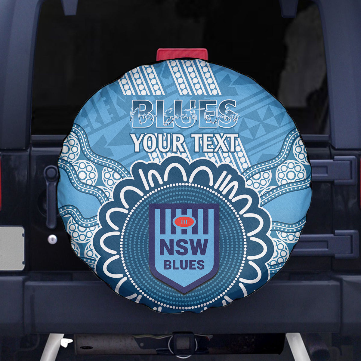 Custom NSW Blues Rugby Spare Tire Cover Aussie Aboriginal Mix Polynesian Pattern