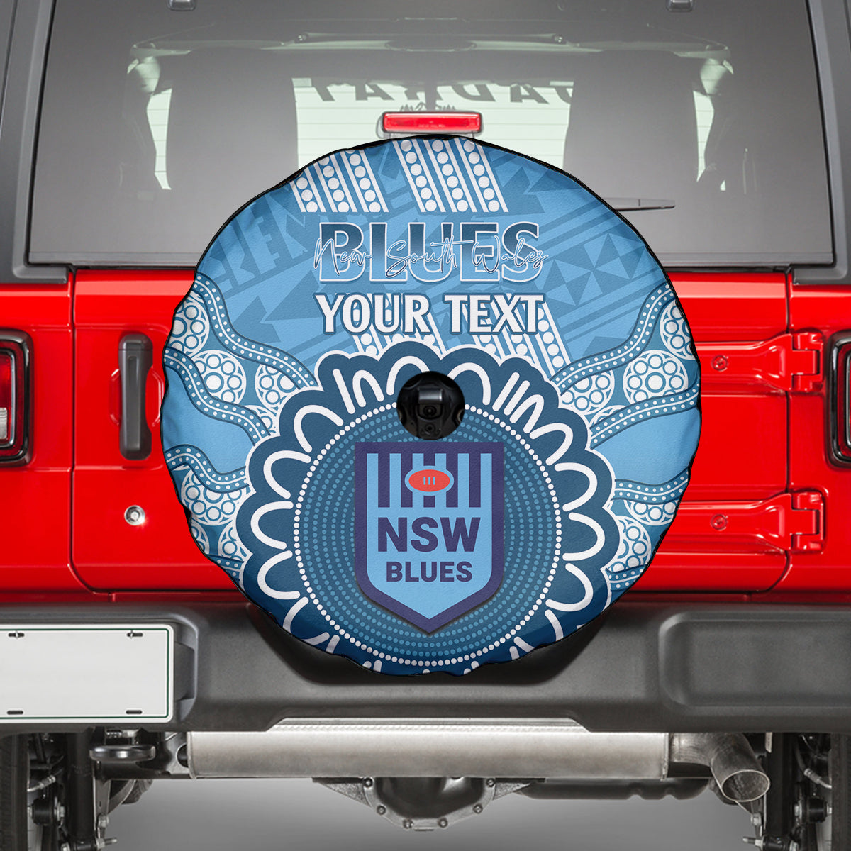 Custom NSW Blues Rugby Spare Tire Cover Aussie Aboriginal Mix Polynesian Pattern