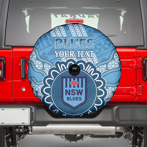 Custom NSW Blues Rugby Spare Tire Cover Aussie Aboriginal Mix Polynesian Pattern