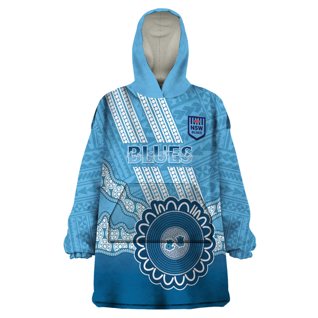 Custom NSW Blues Rugby Wearable Blanket Hoodie Aussie Aboriginal Mix Polynesian Pattern
