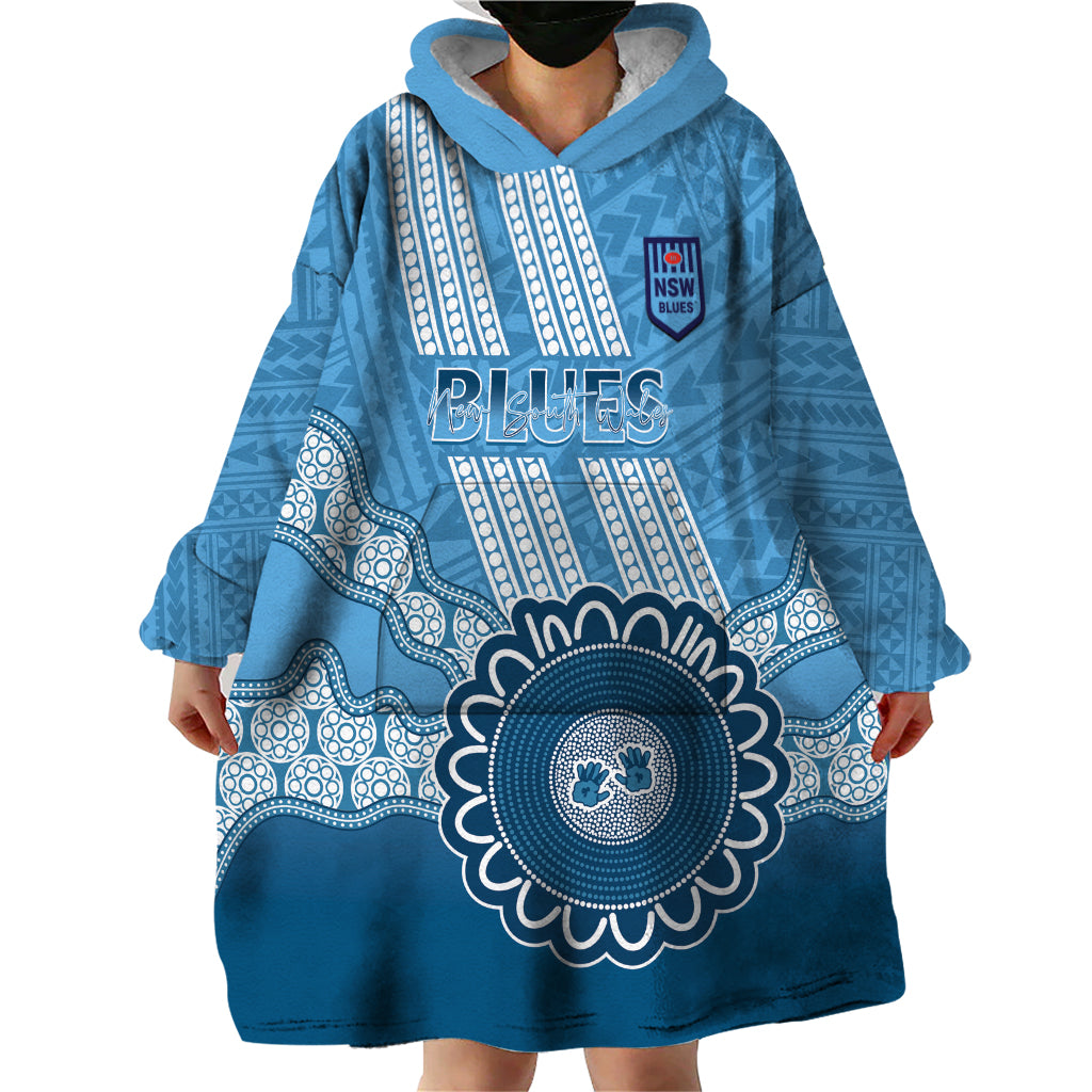 Custom NSW Blues Rugby Wearable Blanket Hoodie Aussie Aboriginal Mix Polynesian Pattern