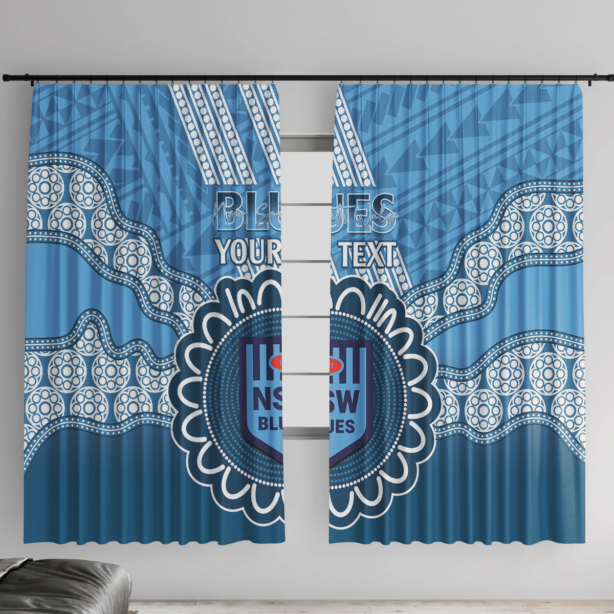 Custom NSW Blues Rugby Window Curtain Aussie Aboriginal Mix Polynesian Pattern